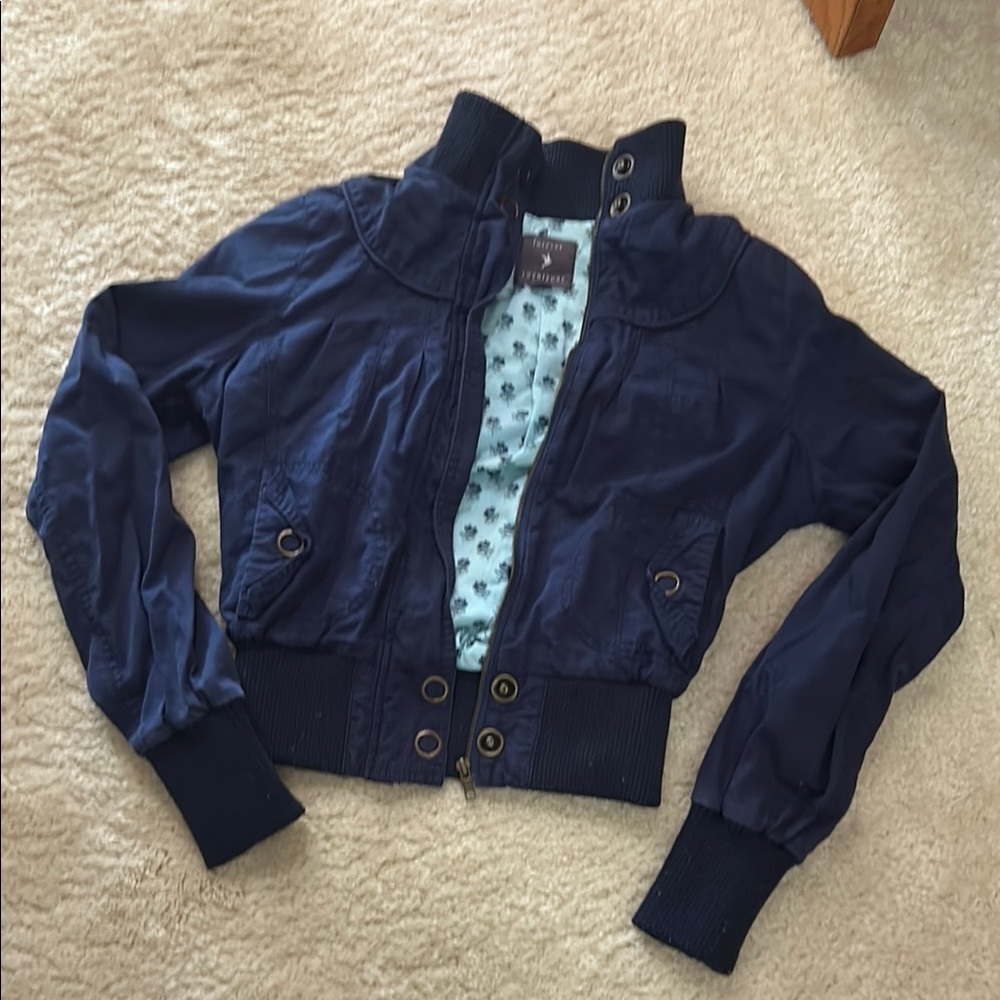Forever 21 Blue Bomber Jacket with Ribbed Cuffs